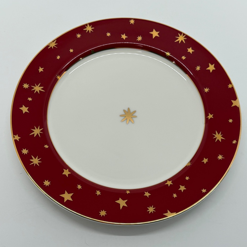 Sakura Galaxy Salad Plate Red Gold Stars 14K Gold Rim Christmas Porcelain 8.5"